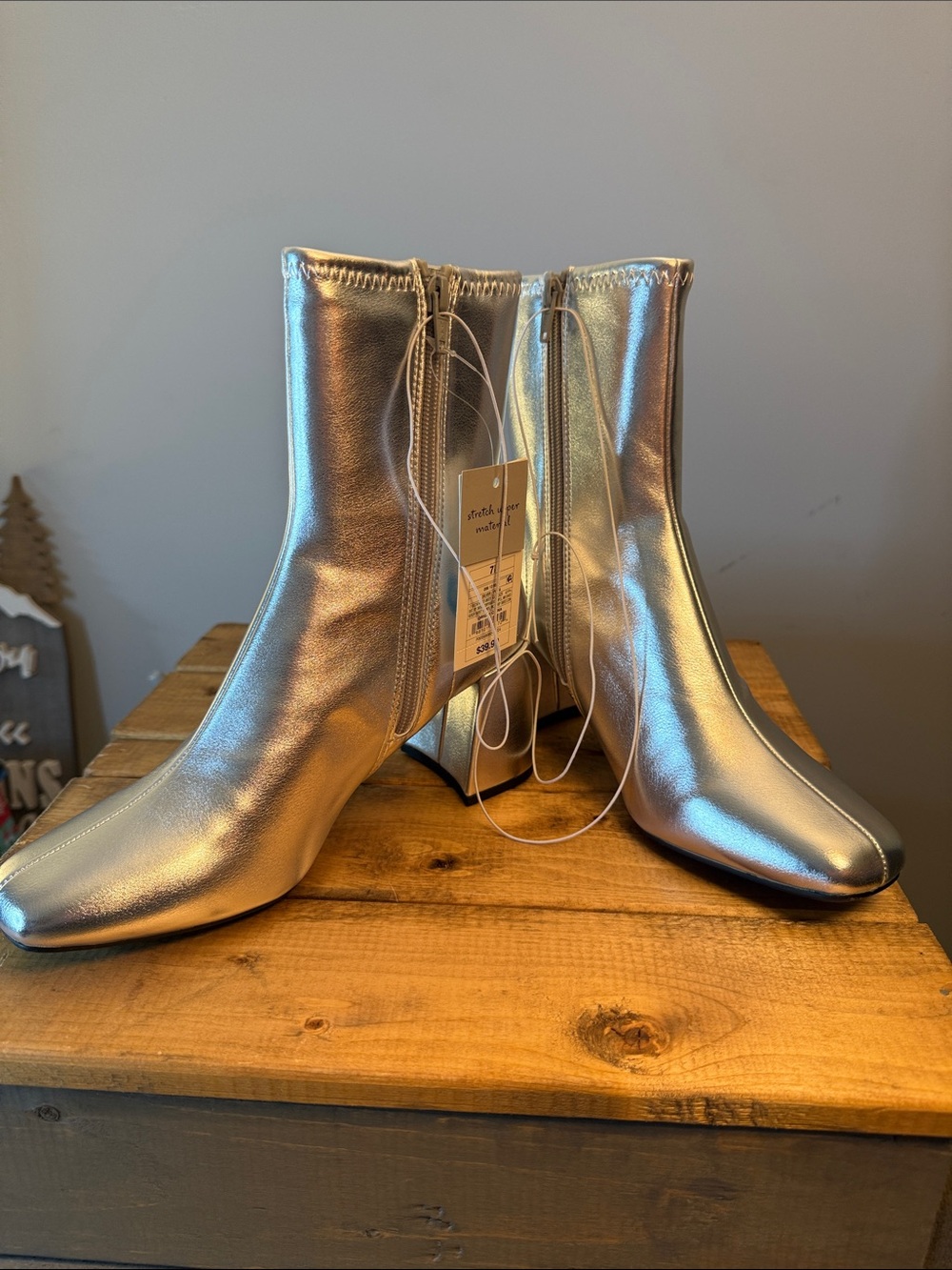 Women’s Metallic Silver Ankle Boots with Block Heel